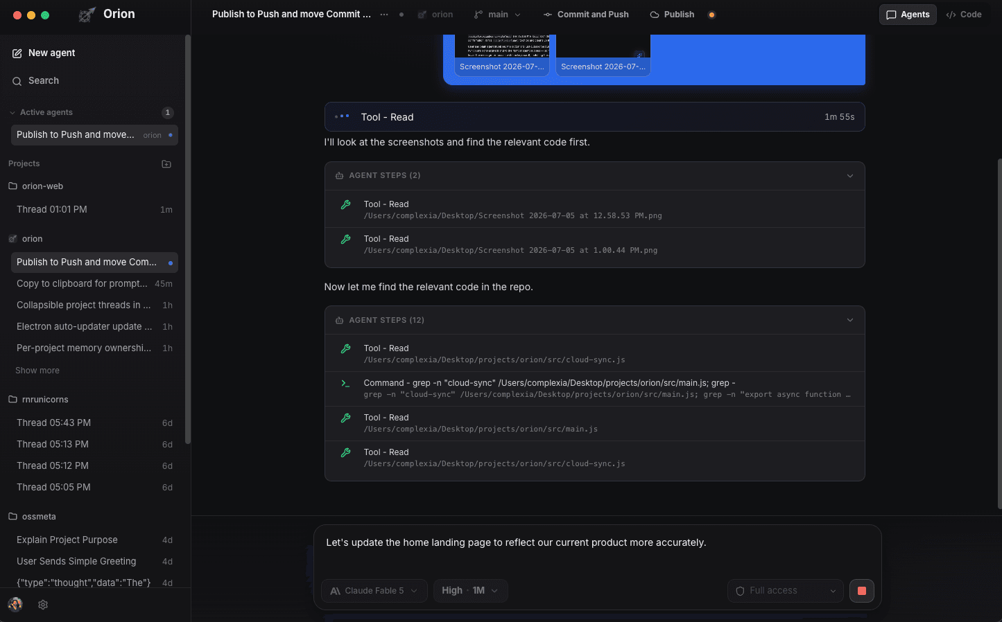 Durango Code Agents view showing an agent thread with tool-call steps, project sidebar, and model controls
