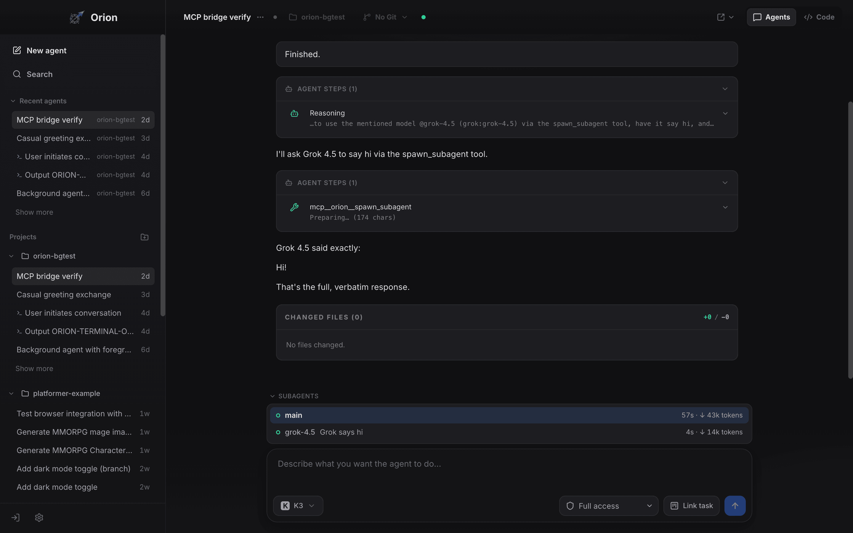 Durango Code Agents view: a Kimi thread uses the spawn_subagent tool to run a Grok 4.5 subagent, with the subagents panel showing per-agent runtime and token stats